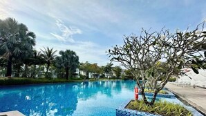 A swimming pool with clear blue water, surrounded by palm trees and a tiled edge.