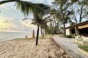 Une promenade en bord de mer bordée de palmiers, avec une terrasse en bois et un bâtiment doté d’un espace extérieur aménagé pour s’asseoir.