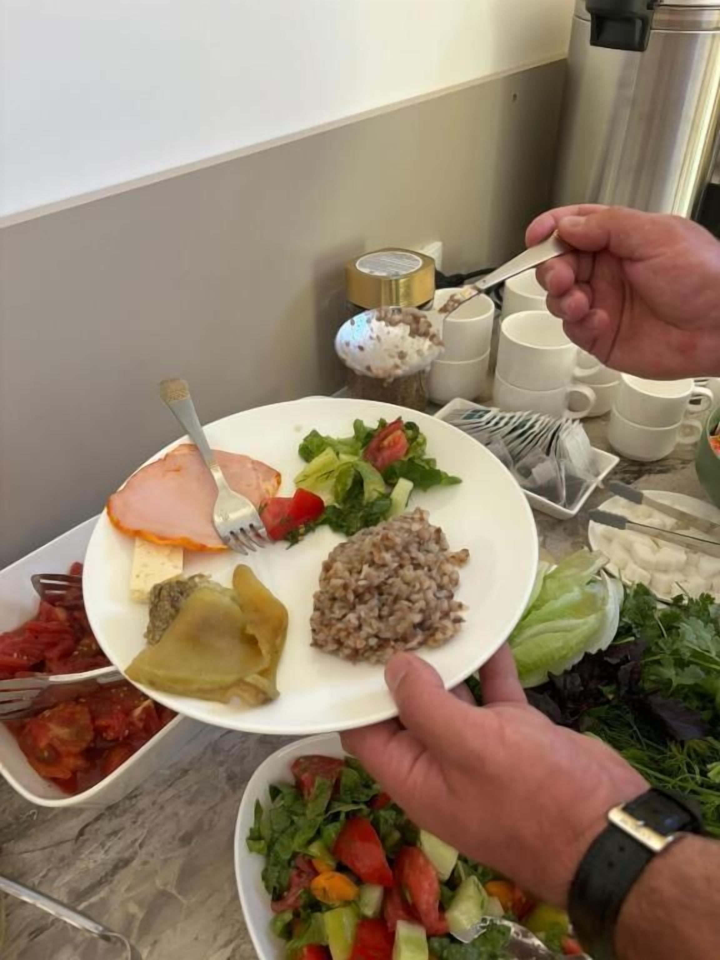 Eine Person hält einen Teller mit verschiedenen Speisen, darunter ein Salat, eine Scheibe Schinken und eine Schüssel Reis.