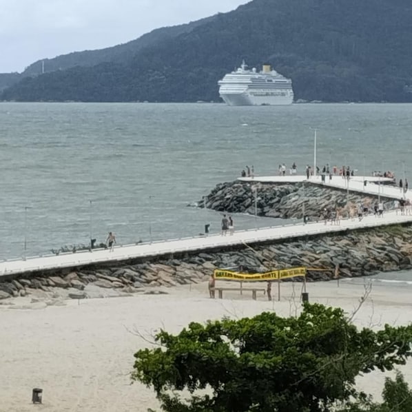 A pier extending into calm water with a cruise ship in the distance, surrounded by rocky terrain and greenery.