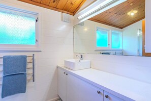 Shower, hair dryer, towels