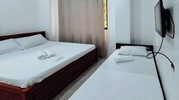 A room with a large bed, a smaller bed, a TV mounted on the wall, and a window with curtains.