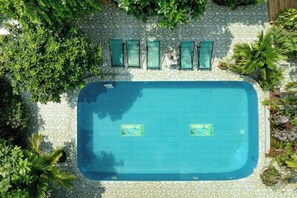A rectangular swimming pool with two lanes, surrounded by a tiled deck with lounge chairs and greenery. - Trang An Family Homestay Ninh Binh (Hoa Lu District)