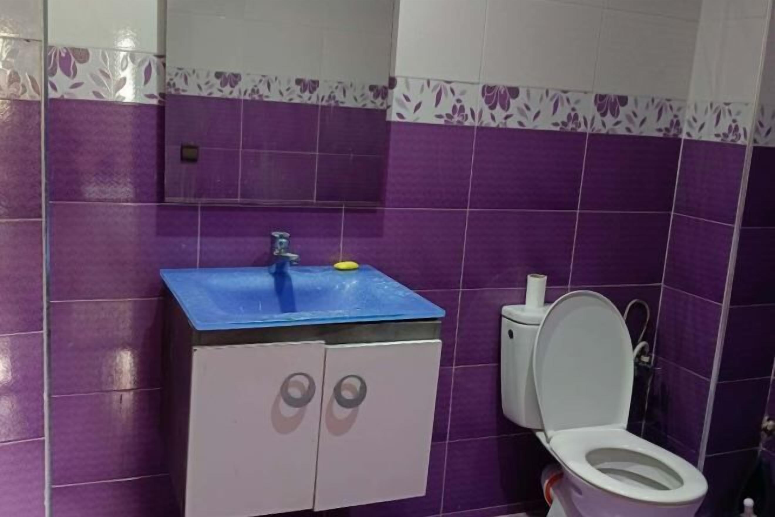 A bathroom with purple tiles, a white toilet, and a blue sink with a mirror above it.