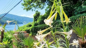 A garden with various plants and flowers, including white and yellow blooms, with a view of a lake and mountains in the background.