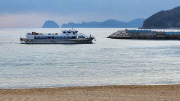 A ferry boat on calm water with a beach and distant mountains in the background.