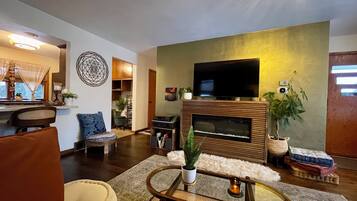 Smart TV, fireplace, books, stereo