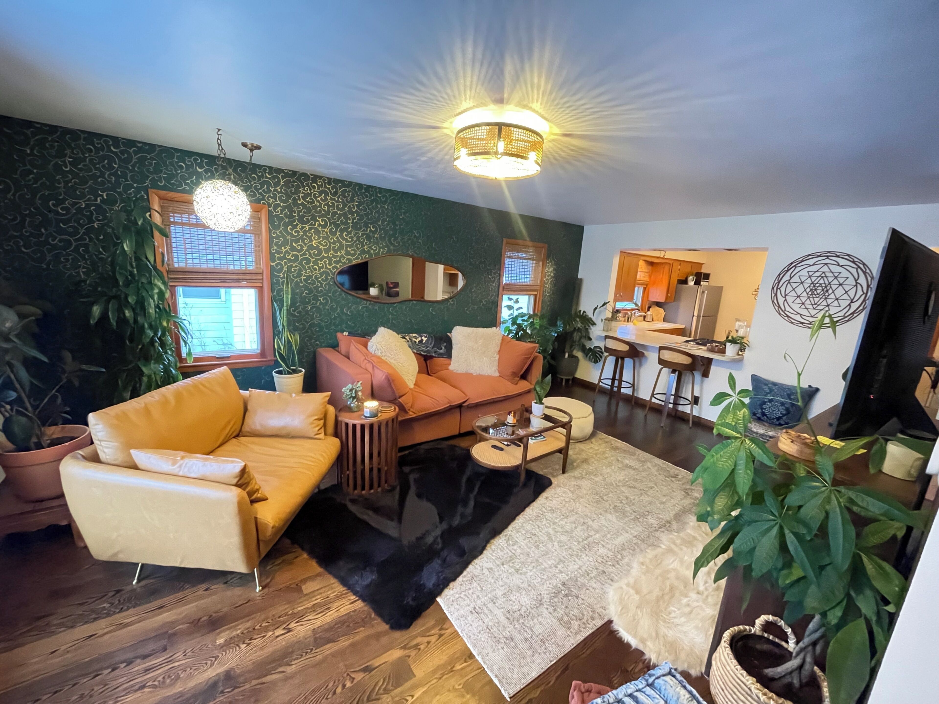 Smart TV, fireplace, books, stereo