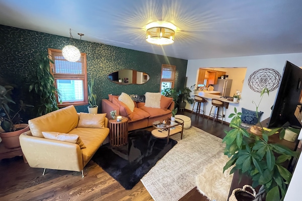 Smart TV, fireplace, books, stereo