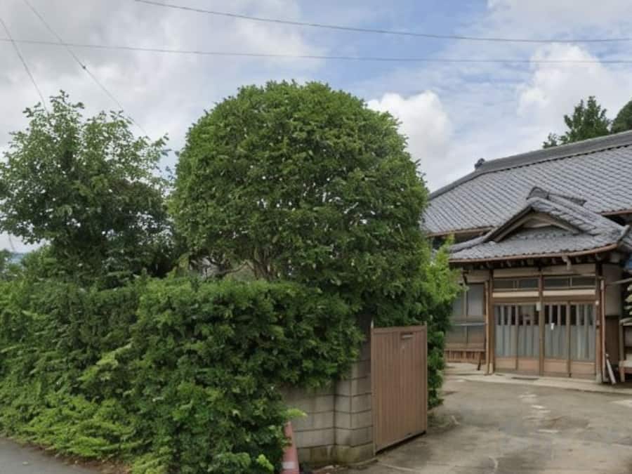 Een traditionele Japanse woning met een pannendak, een houten poort en een grote boom ervoor.