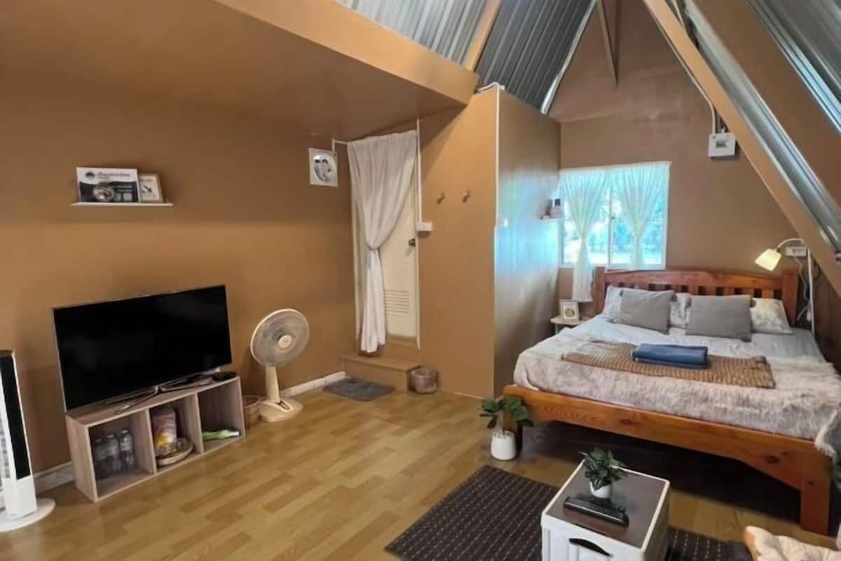 A bedroom with a bed, a TV, a fan, and a window.