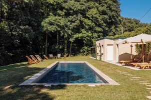 Una piscina rectangular rodeada de césped, con tumbonas y un edificio con puerta y ventanas al fondo.