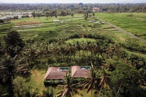 A tropical landscape with terraced fields and a building with a swimming pool. - The Lanaya Villa (Bali)