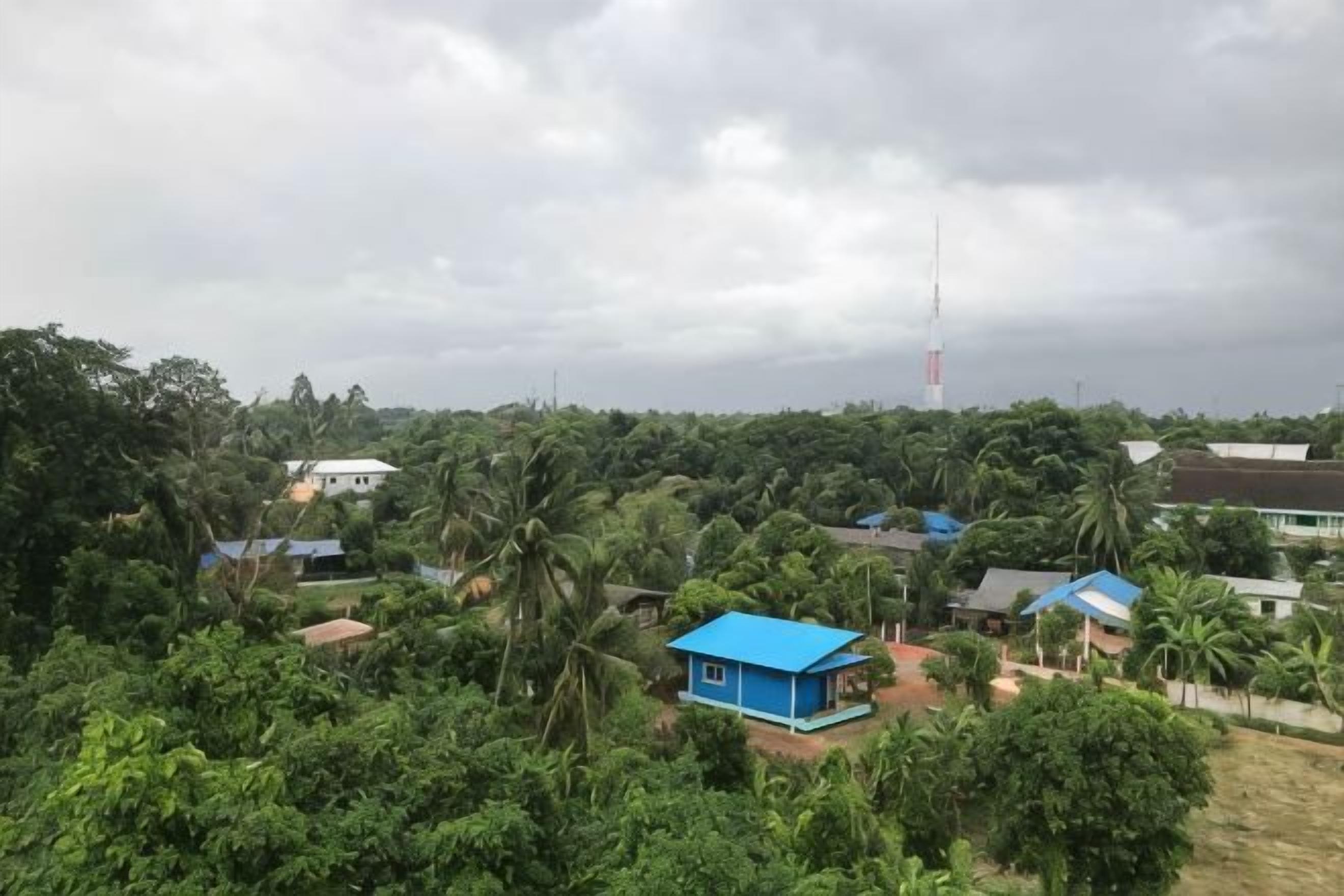 Zona residencial con casas rodeadas de abundante vegetación y una torre de comunicaciones destacada en la distancia.