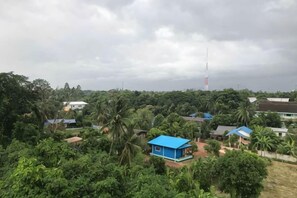 A residential area with houses surrounded by dense greenery and a prominent communication tower in the distance. - @ RocKo Hotel (Uttaradit)