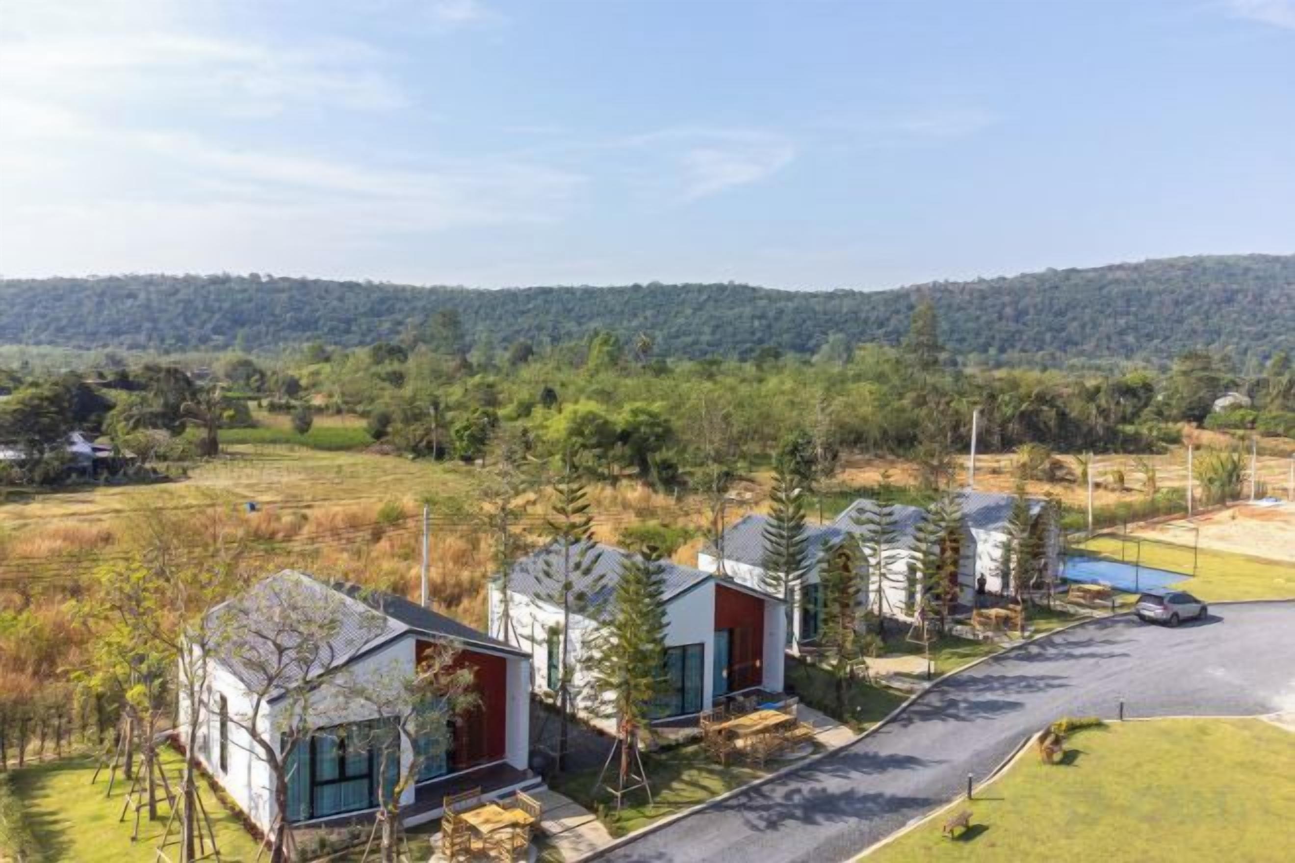 A row of modern cabins with large windows, set in a rural landscape with a clear road and distant hills.