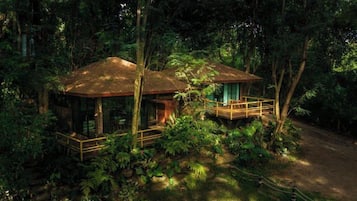 A rustic wooden cabin surrounded by dense forest, with a wooden deck and a small porch.