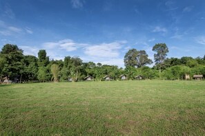 Ein grünes Feld mit einigen kleinen Gebäuden und Bäumen im Hintergrund.
