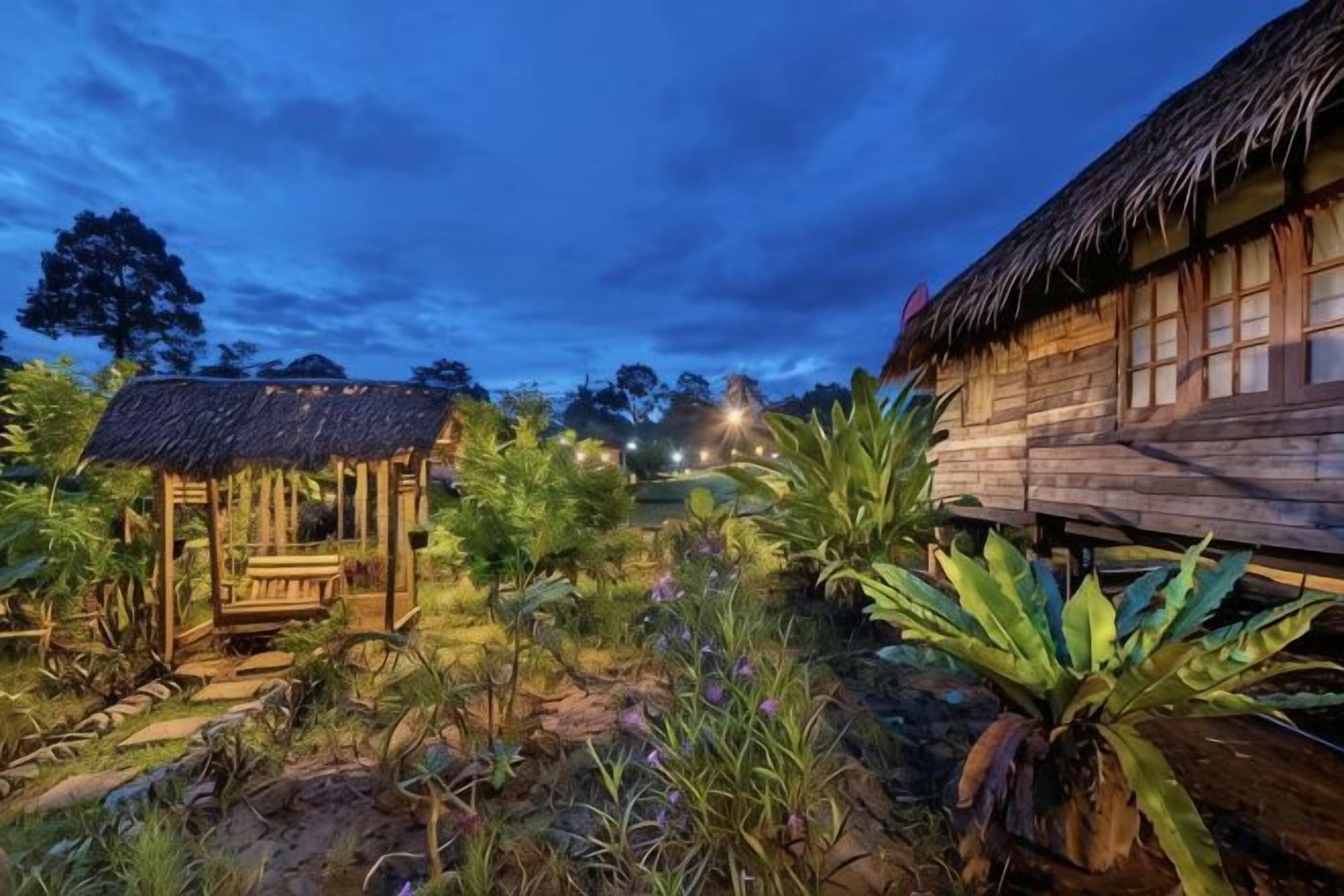 Une maison rustique en bois, dotée d’un toit de chaume, entourée d’une végétation luxuriante et d’un jardin bien entretenu.