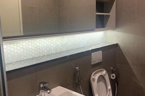 A bathroom with a toilet, a sink, a mirror, and a shower.