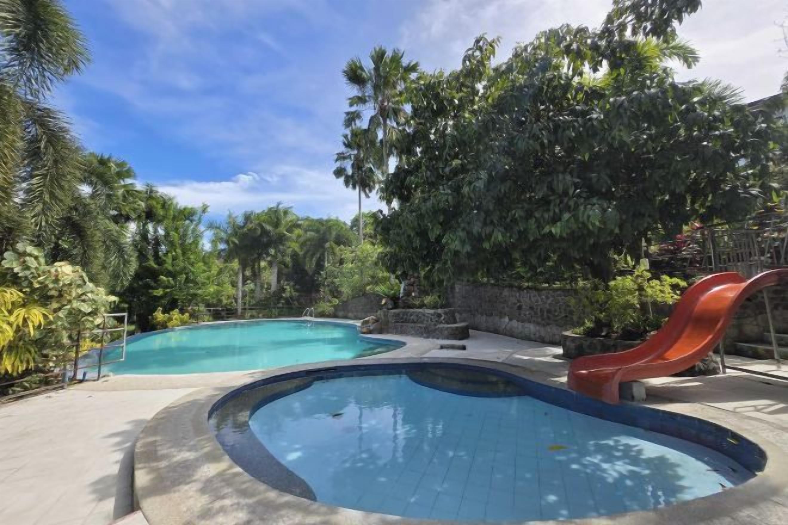 A swimming pool with a curved edge, surrounded by greenery and a red slide.