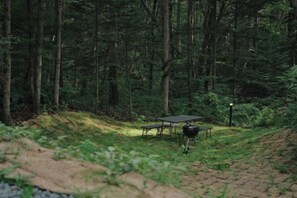 A forested area with a picnic table and a grill. - Fandina Fujiwara (Tsumagoi)
