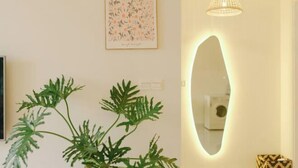 Ein Zimmer mit einem großen Spiegel, einer Topfpflanze und einem gerahmten Bild an der Wand.