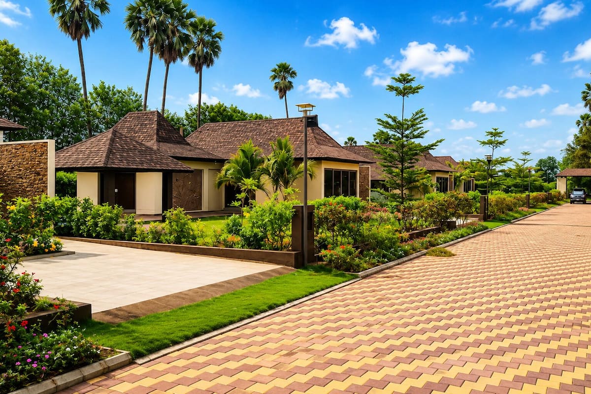 A residential area with houses, paved walkways, and lush greenery.