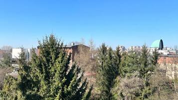 Un paisaje urbano con un edificio destacado que tiene una cúpula y un área boscosa al frente.