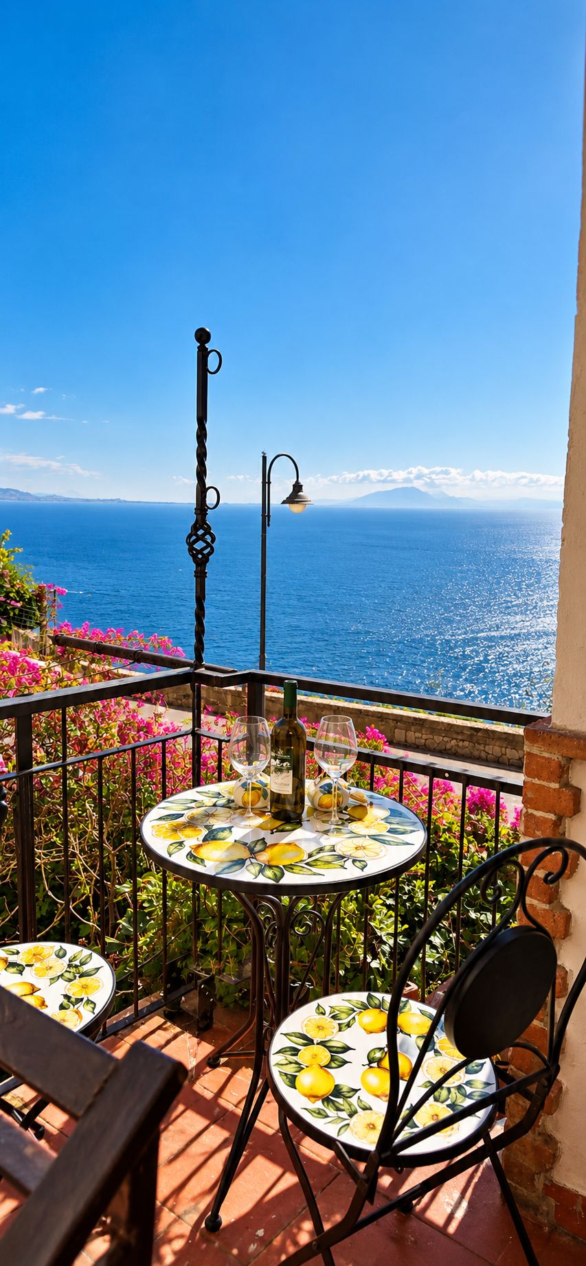 A balcony with a table and chairs, overlooking a body of water.