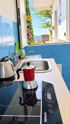 Une cuisine moderne équipée d’une cuisinière intégrée, d’une bouilloire et d’un évier.