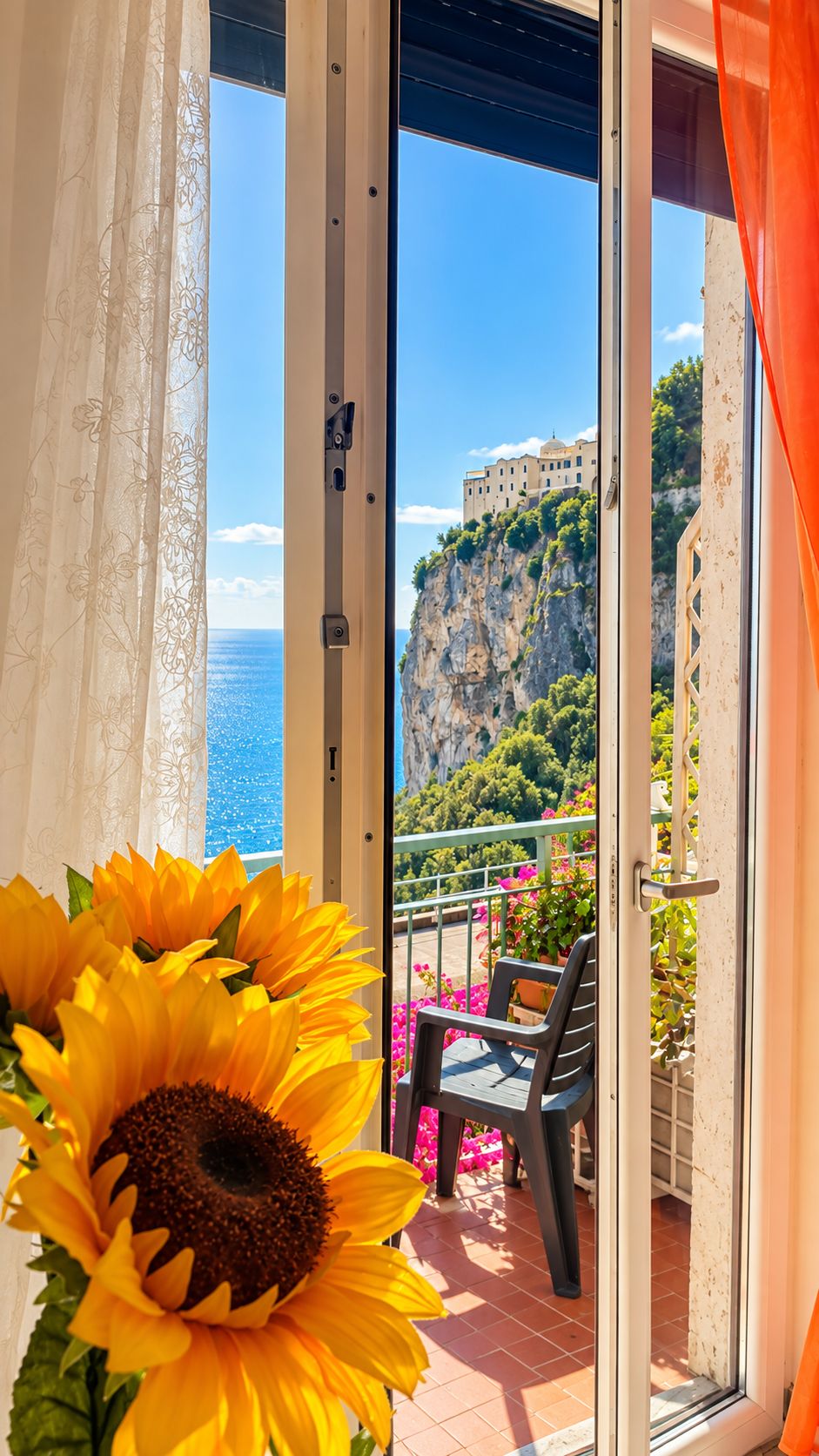 Un balcone con vista su una scogliera e il mare, un girasole e una sedia.