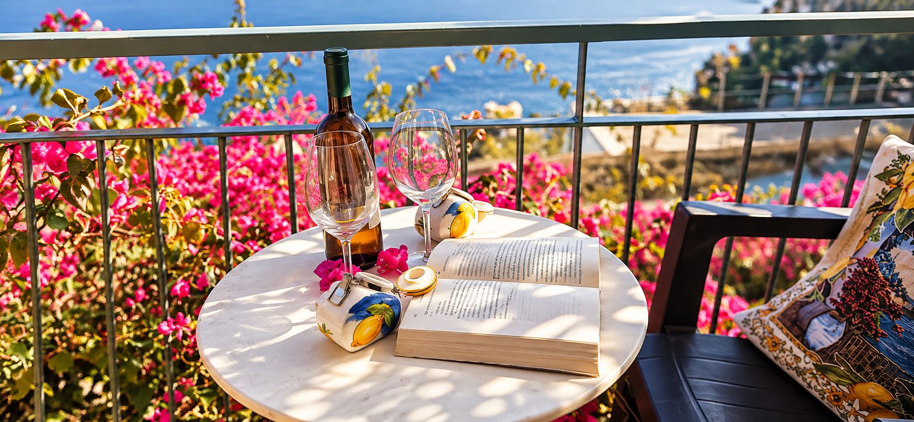 A table with a book, a wine bottle, and glasses, set against a backdrop of pink flowers and a view of the sea.