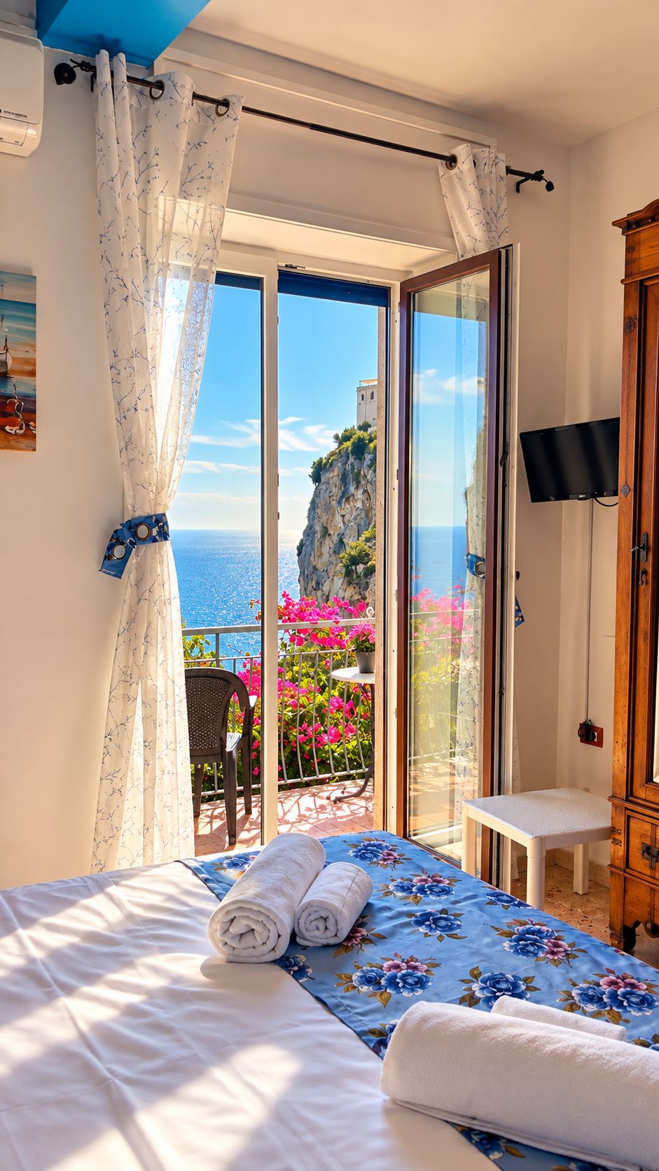 Een slaapkamer met een bed, een stoel, een televisie en een balkon met uitzicht op zee.