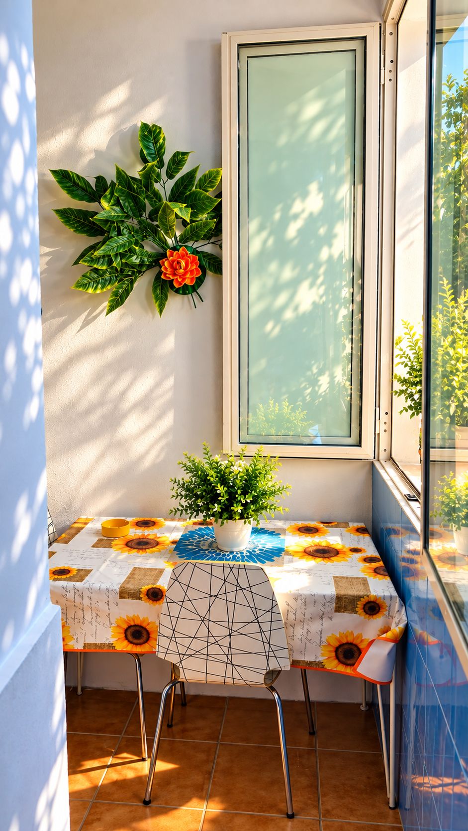 Un pequeño comedor con una mesa cubierta por un mantel estampado con girasoles, una planta en maceta y una ventana que da a vistas de vegetación.