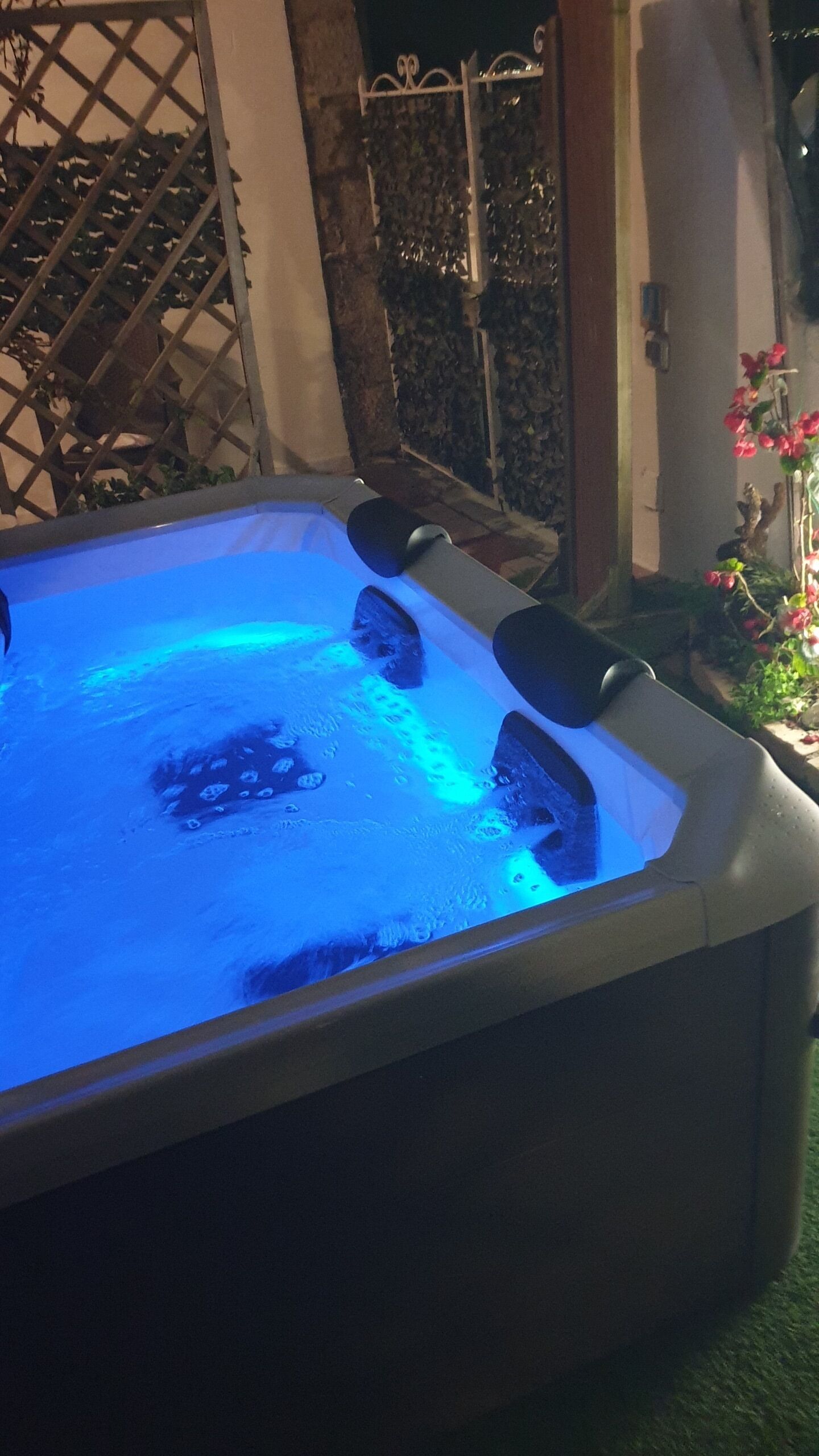 Un jacuzzi con luz azul, rodeado de un jardín con plantas y una cerca metálica.