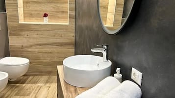 Hair dryer, towels, soap, toilet paper