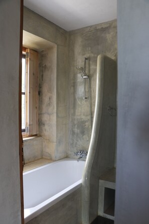 Hair dryer, towels, soap, toilet paper