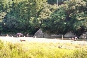 Een rivieroever met een zandstrand, enkele tenten en weelderige begroeiing op de achtergrond.