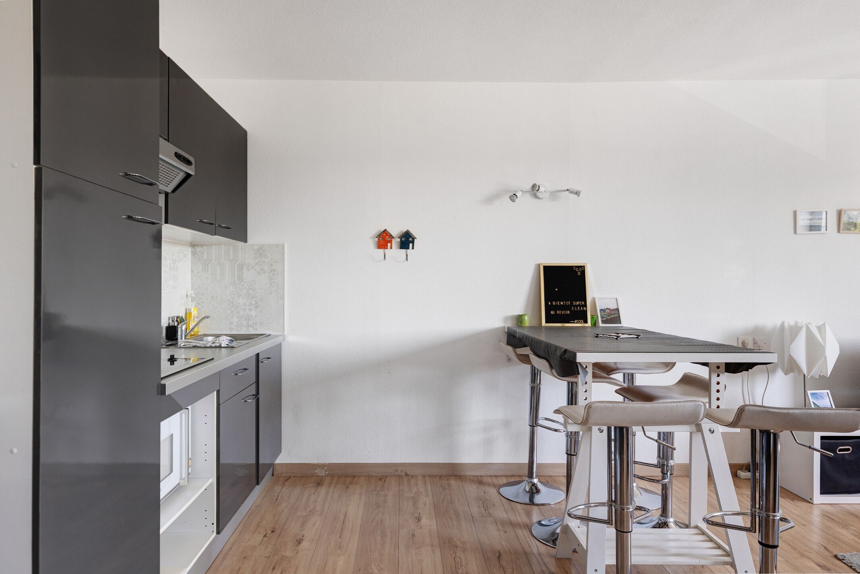 Frigorífico, microondas, horno y placa de cocina