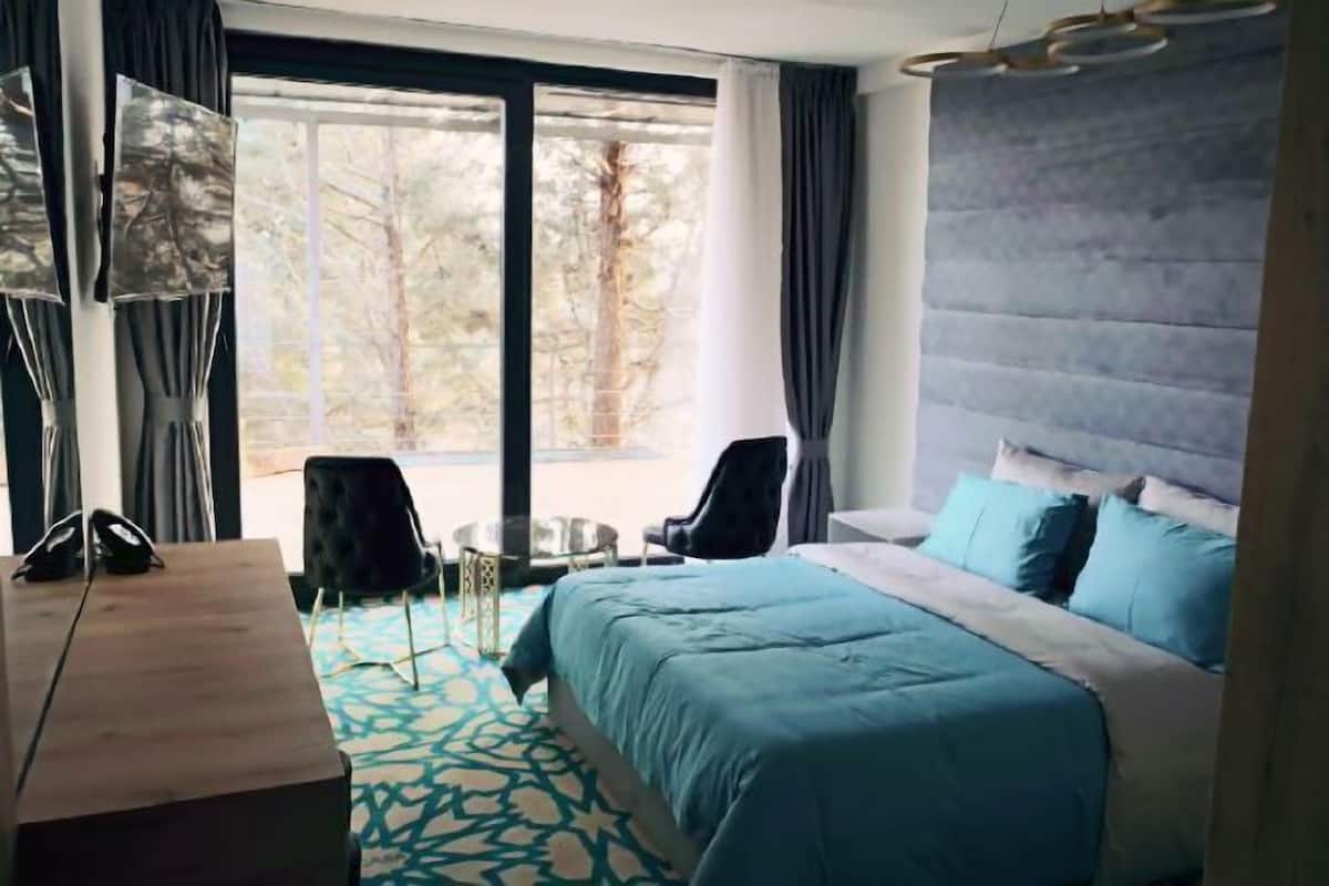 A hotel room with a large bed, a desk, a chair, and a view of trees through the window.