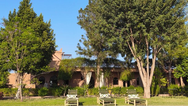 A pool with lounge chairs, a large tree, and a building with arched windows in the background. - Domaine du souffle d'Amaïa  (Sidi Abdallah Ghiat)