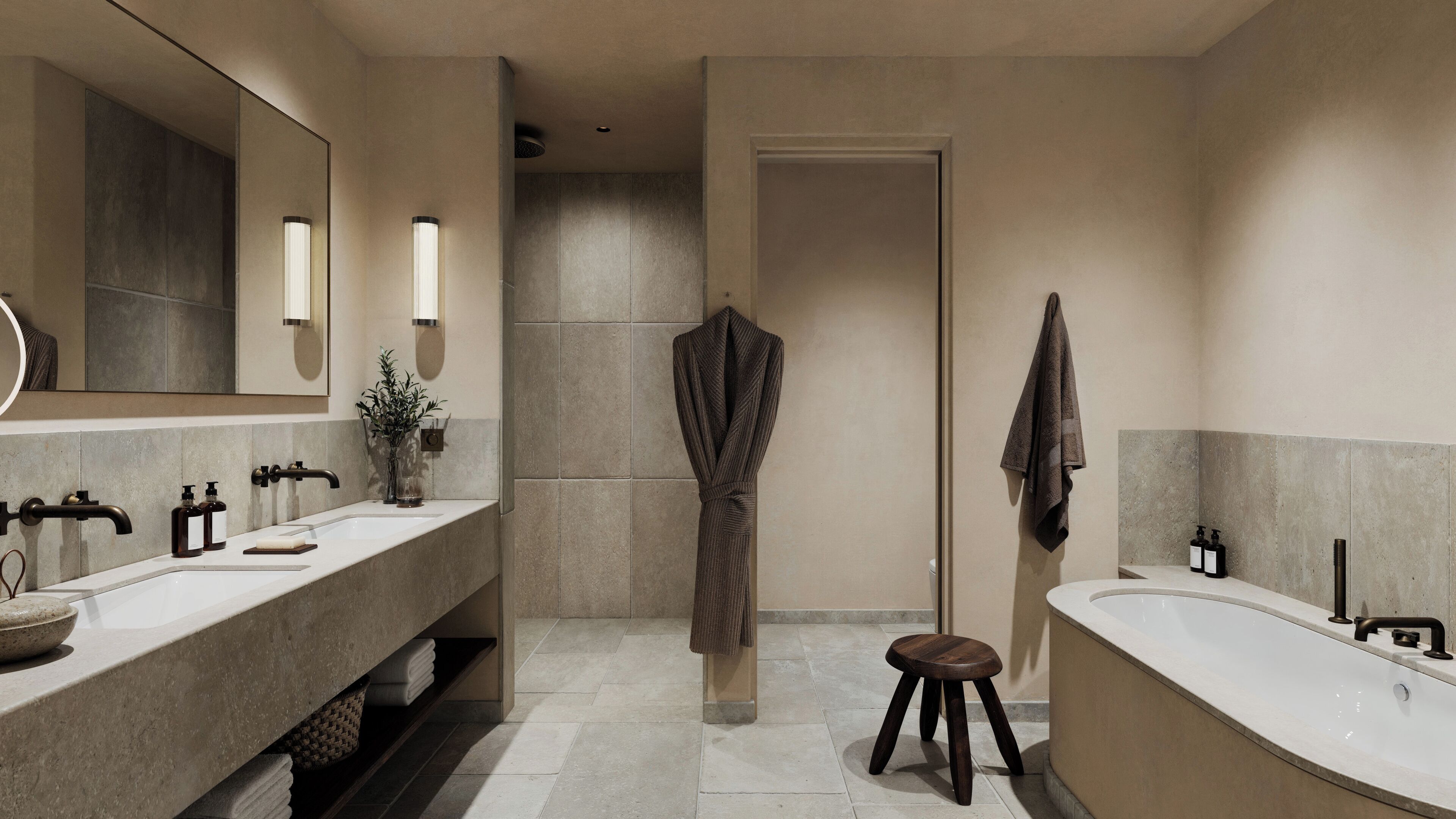 A modern bathroom with a large mirror, two sinks, a bathtub, and a towel rack.