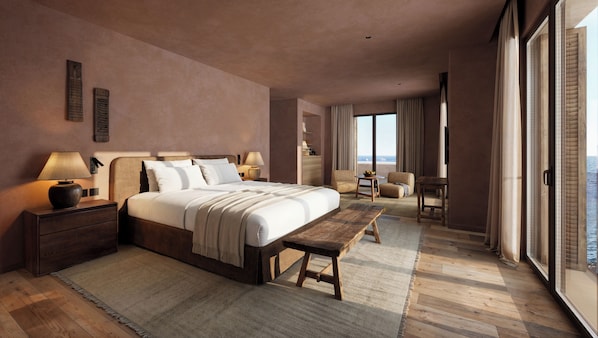 Soukana Terrace Suite | Una cassaforte in camera, tende oscuranti, ferro/asse da stiro