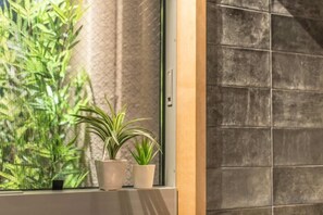 Una ventana con dos plantas en macetas sobre un alféizar, vista de follaje verde en el exterior y una pared de azulejos.