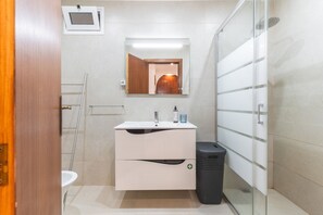 Shower, hair dryer, bidet, towels