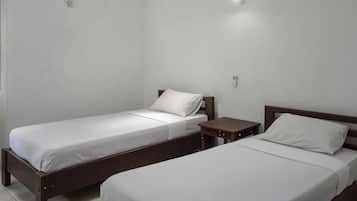 Two single beds with wooden frames and white bedding, a small bedside table, and a wall-mounted light fixture.