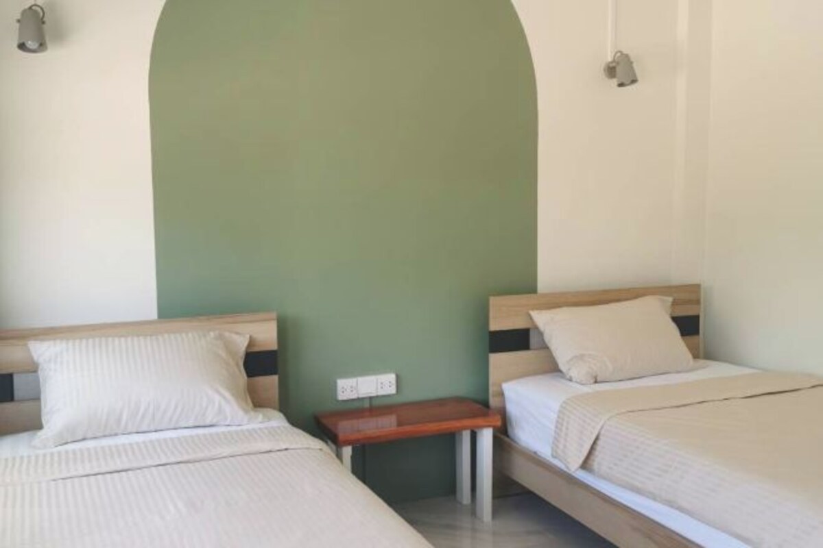 Two single beds with wooden headboards, a small wooden nightstand, and a green accent wall.