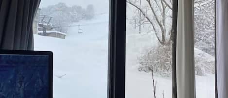 A room with a view of a snowy landscape through a window.