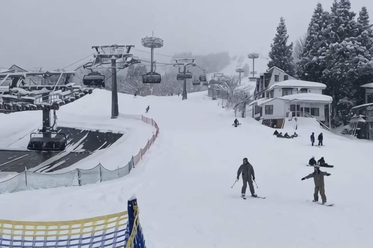 A ski slope with a ski lift, snow-covered trees, and buildings in the background.